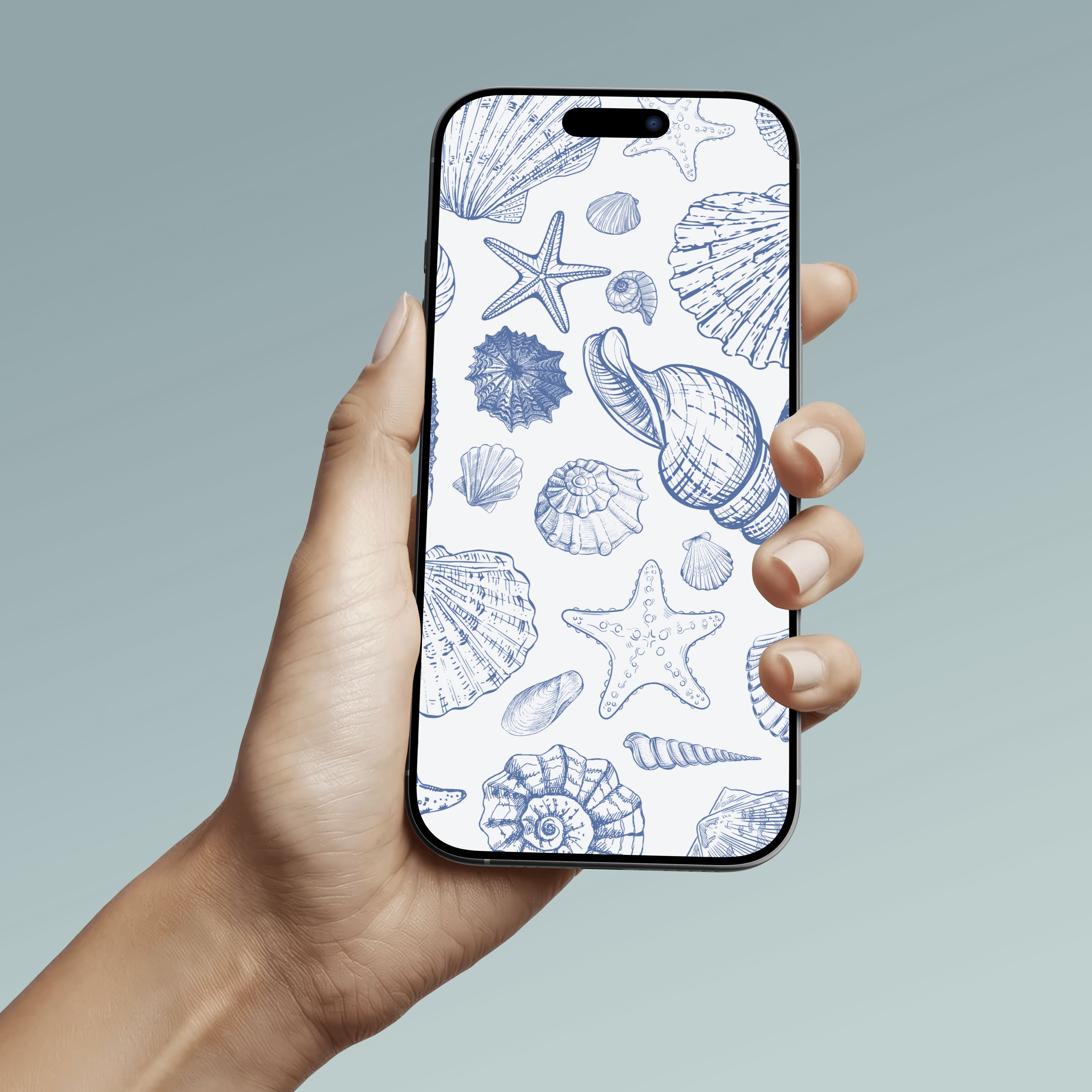 Blue and White Ocean Shells and Creatures Phone Wallpaper