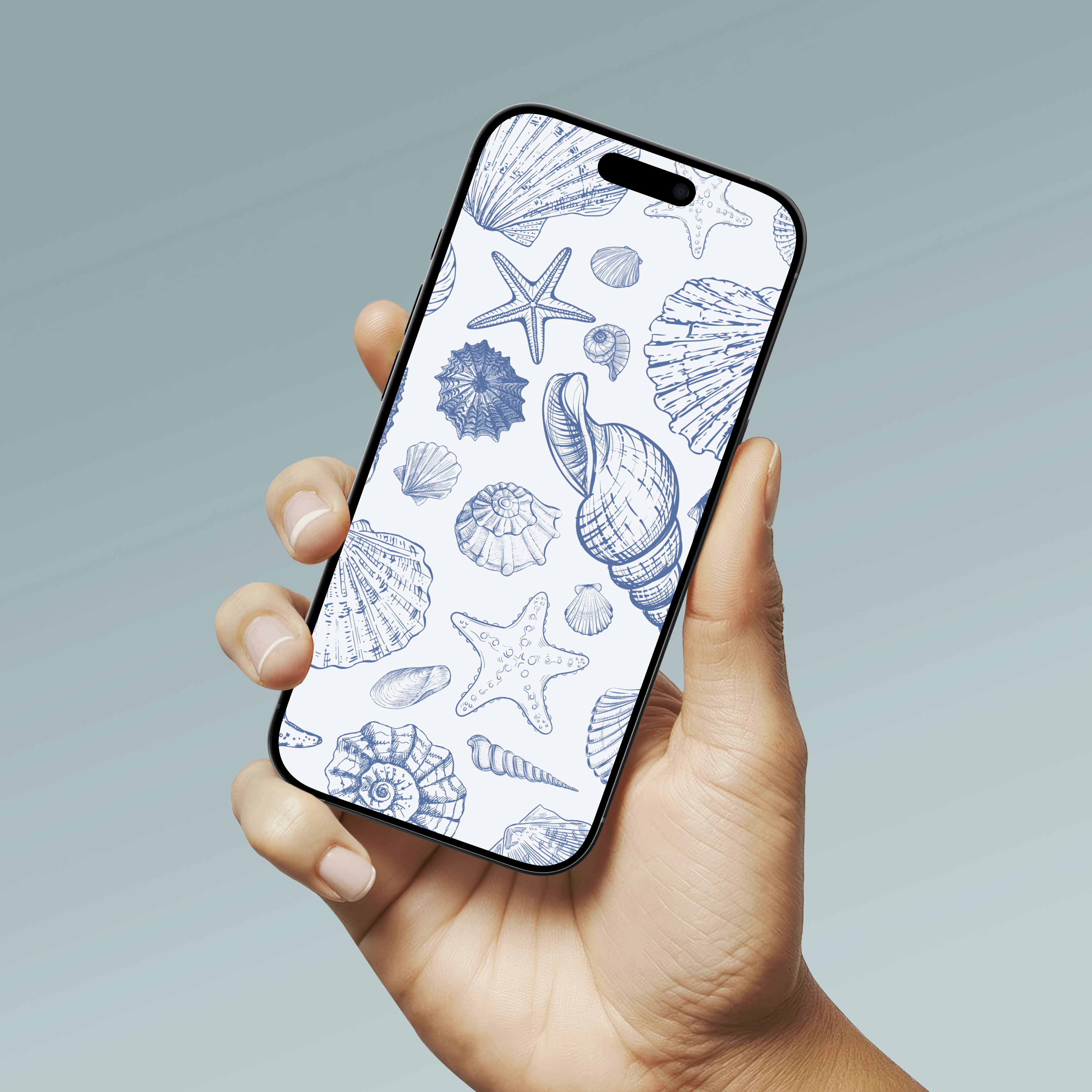 Blue and White Ocean Shells and Creatures Phone Wallpaper