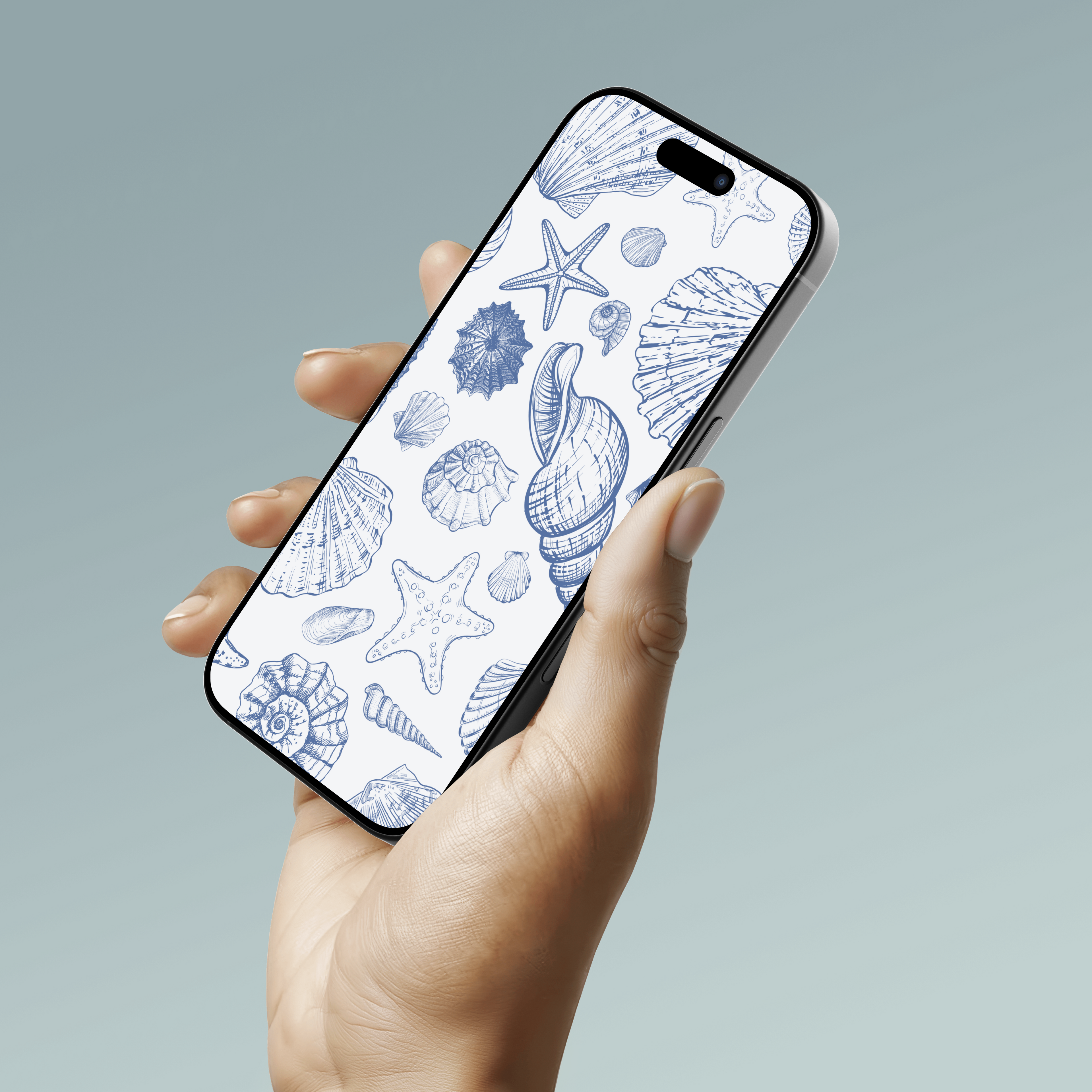 Blue and White Ocean Shells and Creatures Phone Wallpaper