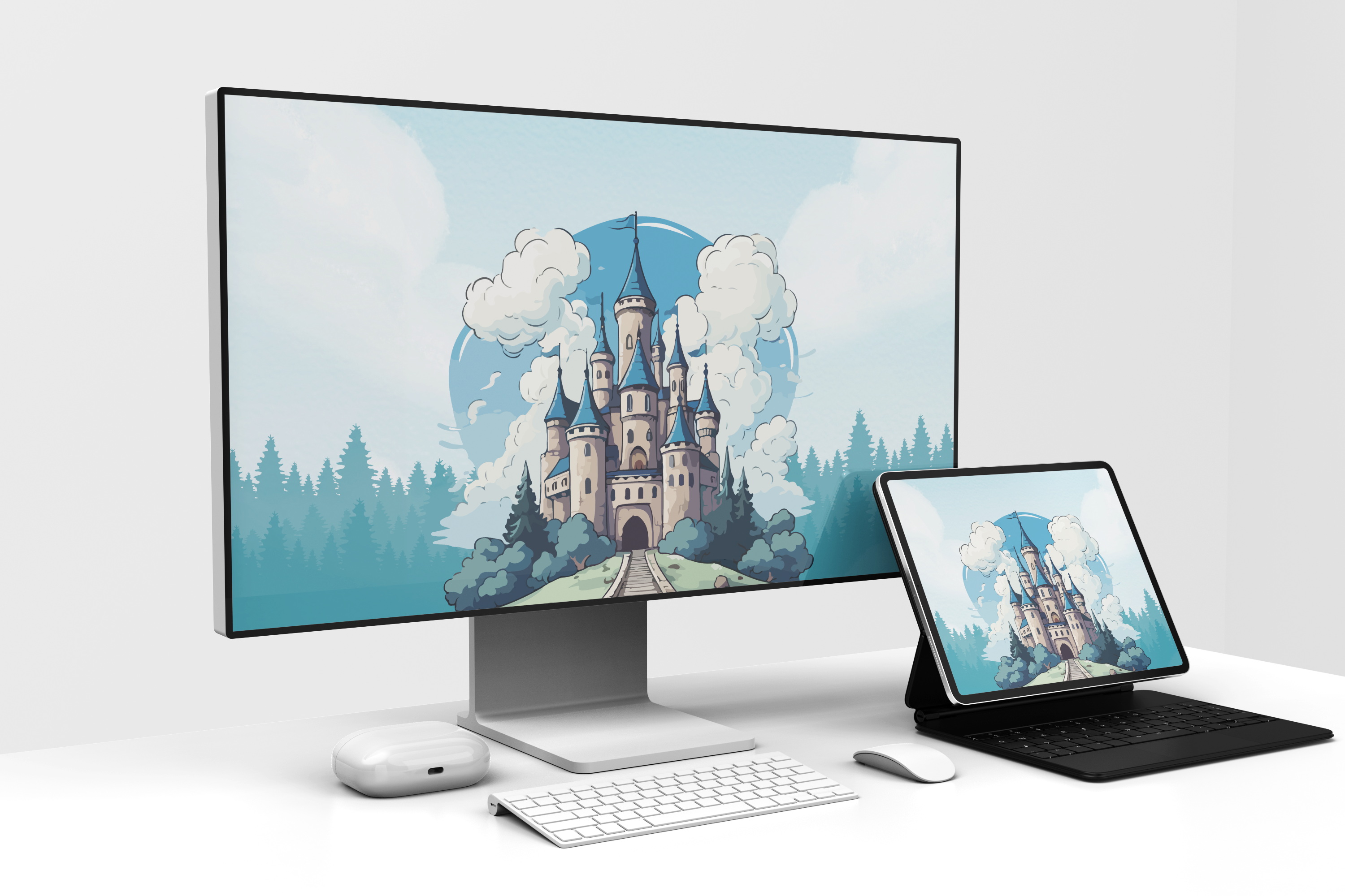 Dark Blue and Green Forest Landscape Cloud Castle Desktop Wallpaper